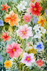 Fototapeta na wymiar Sunny watercolour background with flowers of the European summer. AI generative.