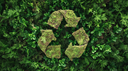 Recycling Symbol auf Erde in zwei Händen getragen vor einer Hecke Nachhaltigkeit mit grüner Energie und Müllvermeidung die Umwelt retten Generative AI - obrazy, fototapety, plakaty