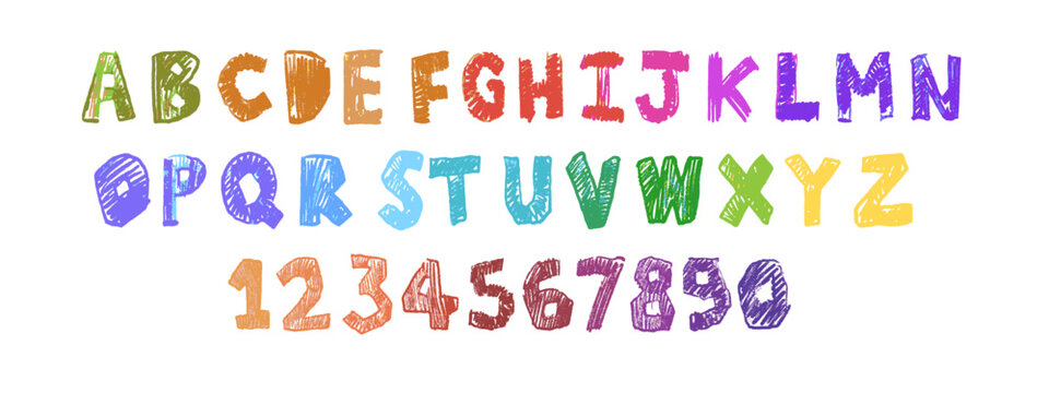 Doodle children font, vector cartoon funny alphabet, hand drawn scribble kid typescript numbers. School wax crayon abc cute kindergarten handwriting playful letters, digits. Color pencil children font