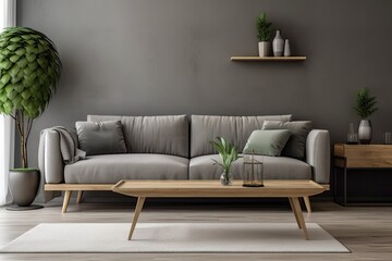 for example, a wood gray sofa and table in the living room