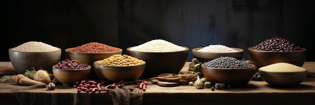 Scarves with various coloured grains and cereals such as rice, peas, lentils. AI generative.