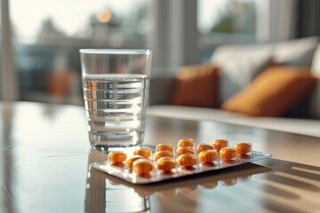 Packet of medical pills near a glass of water on a table in the dining room. Packaging of pills for pain or medical treatment. - obrazy, fototapety, plakaty