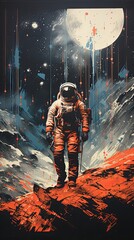 A fictional astronaut in space, wearing a helmet and personal protective equipment, is depicted in a painting capturing a captivating cosmic event