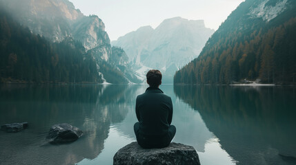 Person von hinten sitzt an einem See und ist einsam und allein in einem Gebirge innere Kraft finden Generative AI - obrazy, fototapety, plakaty