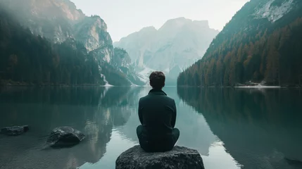 Foto op Plexiglas Person von hinten sitzt an einem See und ist einsam und allein in einem Gebirge innere Kraft finden Generative AI © Imagecreator