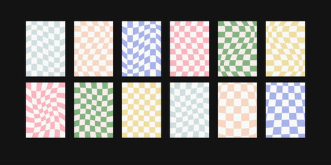 Set of groovy checkered patterns. Vector illustration. Retro colored wavy distorted chessboard psychedelic backgrounds