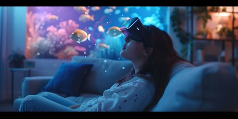 Woman experiencing virtual reality, immersive digital entertainment. home VR headset use. future of multimedia enjoyment. AI