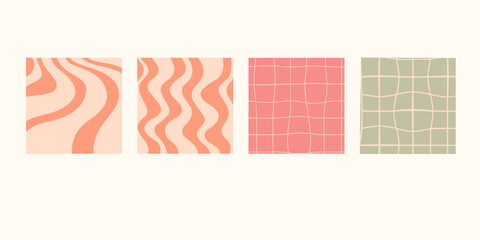 Set of groovy hippie backgrounds. Vector illustration. Wavy and checkerboard pastel patterns.Wallpaper collection
