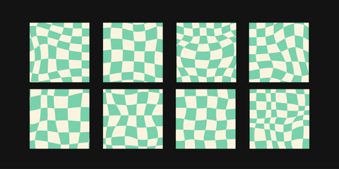 Set of vector patterns. Funky hippie mesh patterns. Beige and green retro distorted chessboard backgrounds