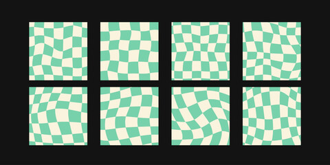 Set of vector patterns. Funky hippie mesh patterns. Beige and green retro distorted chessboard backgrounds
