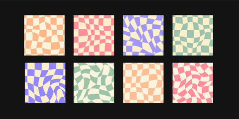 Set of vector distorted retro chessboard patterns. Collection of psychedelic chessboard, mesh colorful backgrounds