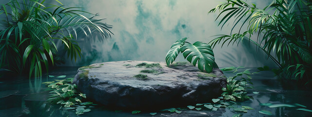 a round rock surrounded by green plants and water in 