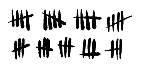 Set of vector grunge icons. Tally marks on wall. Black hand drawn slash strokes isolated on white backdrop