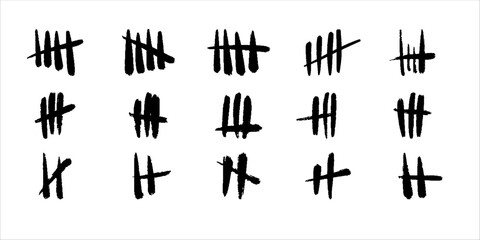 Set of vector icons. Tally marks on wall. Black grunge slash strokes isolated on white backdrop