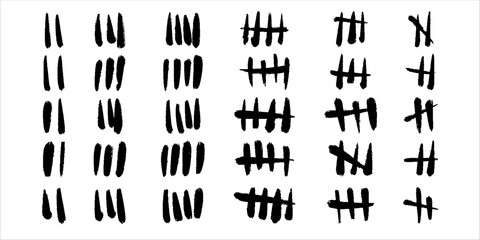 Big set of tally marks. Vector grunge icons. Black hand drawn slash strokes isolated on white backdrop