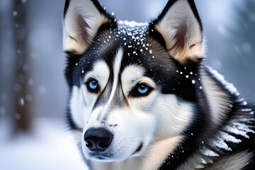 Majestic Siberian Husky Dog With Striking Blue Eyes In Snowy Background