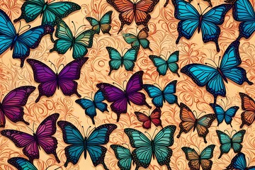 Fototapeta na wymiar Ornamental multicolored butterflies on a background in the same colours. Seamless tile