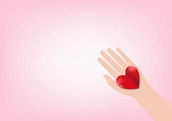 Hand Holding Red Heart on Pink Background. Concept of Valentine's Day or Wedding. Vector Illustration. 