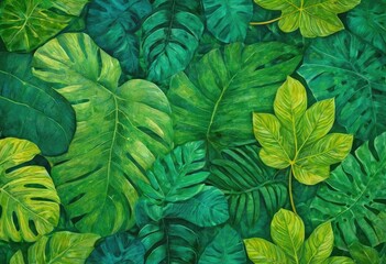 A textured wallpaper with a pattern of leaves in different shades of green, overlaid with a stylish multicolored painting of a vibrant rainforest