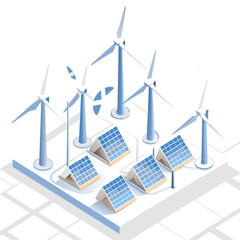 Wind Turbines Rotates and Solar Panels Captures Sunlight. Concept of Clean Energy Generation, Vector Illustration