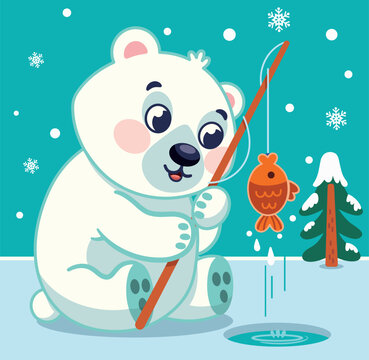 A Polar Bear is Fishing in the North Pole. Cartoon Vector Illustration.
