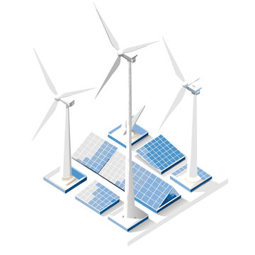 Wind Turbines Rotates and Solar Panels Captures Sunlight. Concept of Clean Energy Generation, Vector Illustration