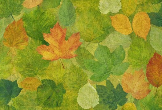 A textured wallpaper with a pattern of leaves in different shades of green, overlaid with a stylish multicolored painting of a forest in autumn