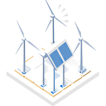 Wind Turbines Rotates and Solar Panels Captures Sunlight. Concept of Clean Energy Generation, Vector Illustration