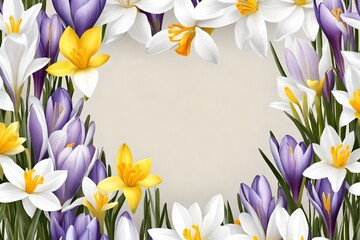 Frame and seamless border with spring flowers - crocus and daffodils