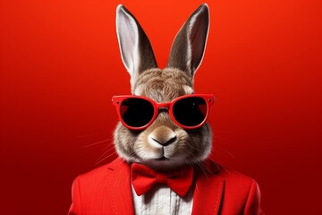 Happy Easter. Cute Easter bunny with red sunglasses and suit on the red background
