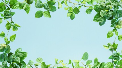 Green Spring Leaves and Vines as a Border on a Light Blue Background. Space for text