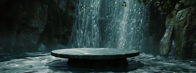 Fotobehang a round stone table set up against a waterfall in the © SilverDP