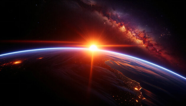 Sunset seen from orbit, The image should depict the sun setting on the horizon of a curved Earth, Created by using generative AI tools	
