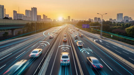 Autonome Fahrzeuge im Straßenverkehr mit Funk und WLAN Symbolen Kommunikation zwischen autonomen Autos im Verkehr Generative AI - obrazy, fototapety, plakaty