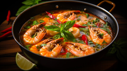 Authentic Thai Tom Yum soup served with succulent shrimps, lime, and chili slices spices in a ceramic bowl flatlay copy space banner.