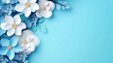 blue background or texture with spring flowers. frame, place for text. template, greeting card for Mother's Day, March 8