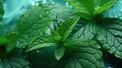 fresh mint leaves with dew drops. herbs and ingredients for preparing cocktails or gourmet dishes