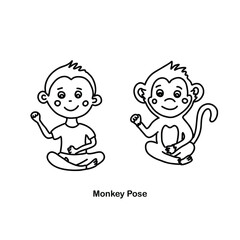 Kids yoga monkey pose. Vector cartoon illustration.