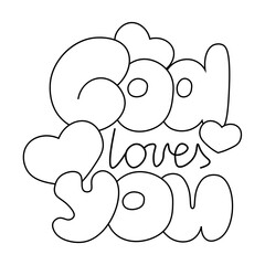 Cartoon bubble Lettering of the phrase God Loves You in black and white