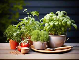 Fototapeta na wymiar A simple pleasure - container gardening with herbs