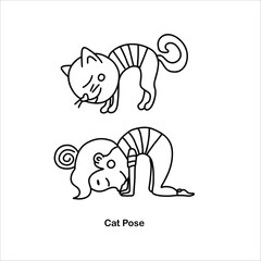 Kids yoga cat pose. Vector cartoon illustration