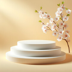 Round white podium platform stand for product presentation and spring flowering tree branch with white blossom flowers on pastel yellow background