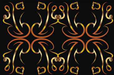Graphic symmetrical fantasy ornament with swirls and hearts. Golden gradient. Horizontal ornament for printing on fabric, applique, postcard on a black background