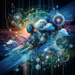 A complex digital artwork depicting an abstract concept of artificial intelligence with interconnected networks and futuristic technology elements.Technology background concept. AI generated.