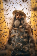 Creative portrait of a beekeeper surrounded by buzzing bees, shot in cinematic style with blurred background