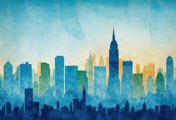 A textured wallpaper with a pattern of stripes in different shades of blue, overlaid with a stylish multicolored painting of a city skyline