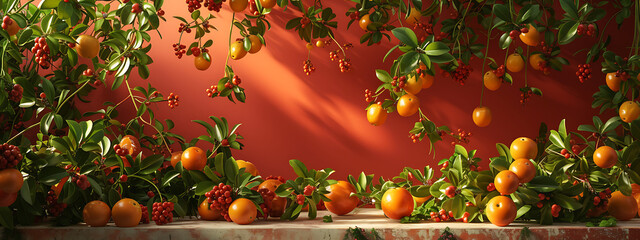 a set of artificial fruit vines on a stage in