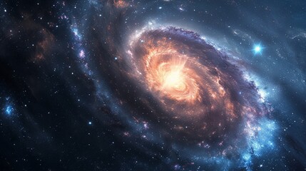View from space to a spiral galaxy and stars. Universe filled with stars, nebula and galaxy.