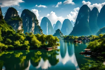 Papier Peint photo Guilin an AI image that showcases the mesmerizing beauty of the Lijiang River in Guilin, Guangxi