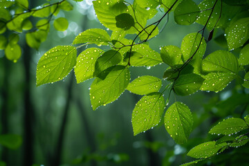 Morning dew on vibrant green leaf, water drops on green leaves background. Raindrops, water on leaf. Fresh, juicy, tree leaf close-up, spring, summer, nature background